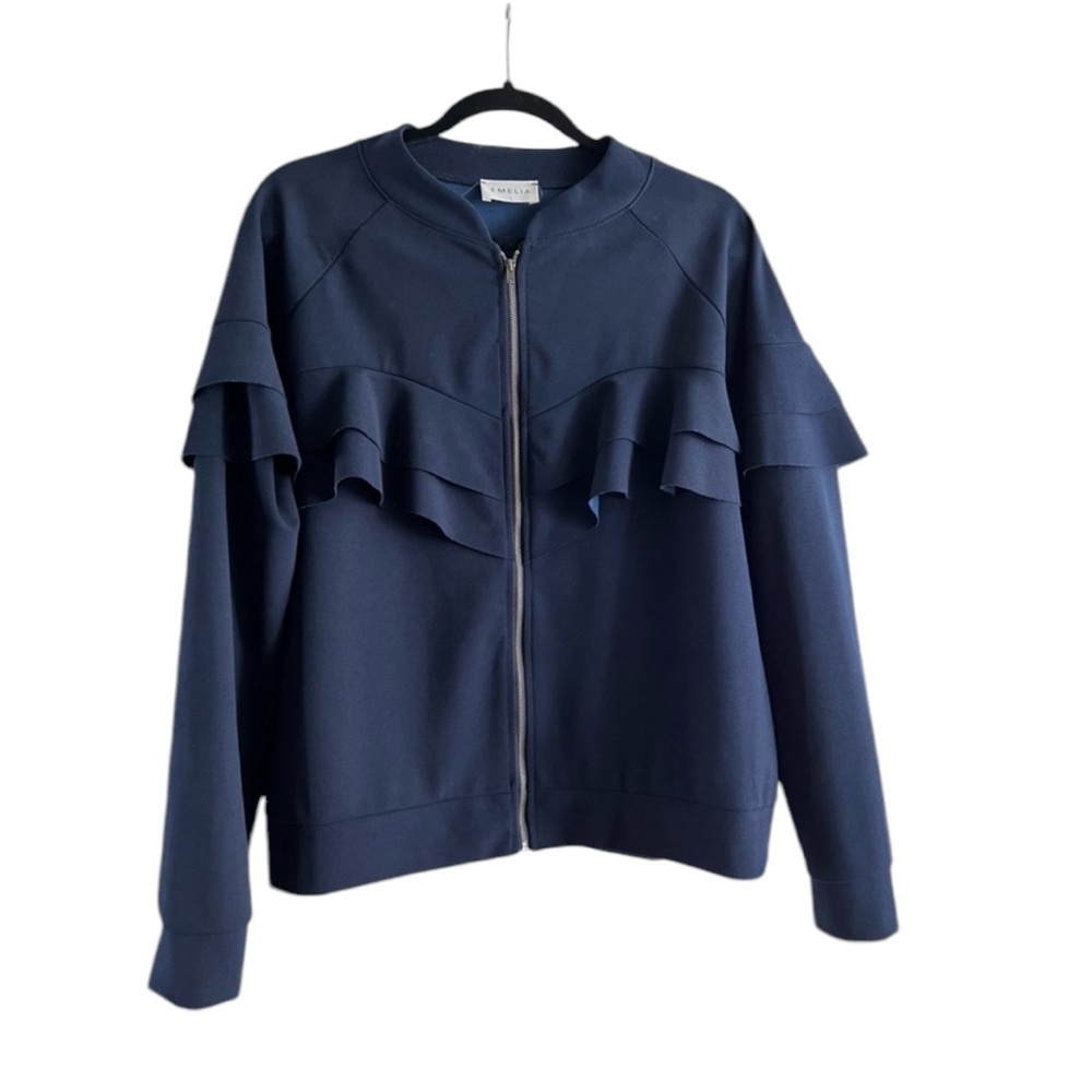 EMELIA Ruffle Bomber Jacket in Navy Women’s Size Large